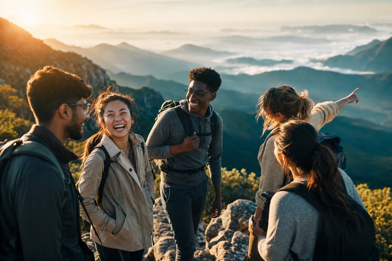 A group of travellers who met through Solomigo at a mountain viewpoint