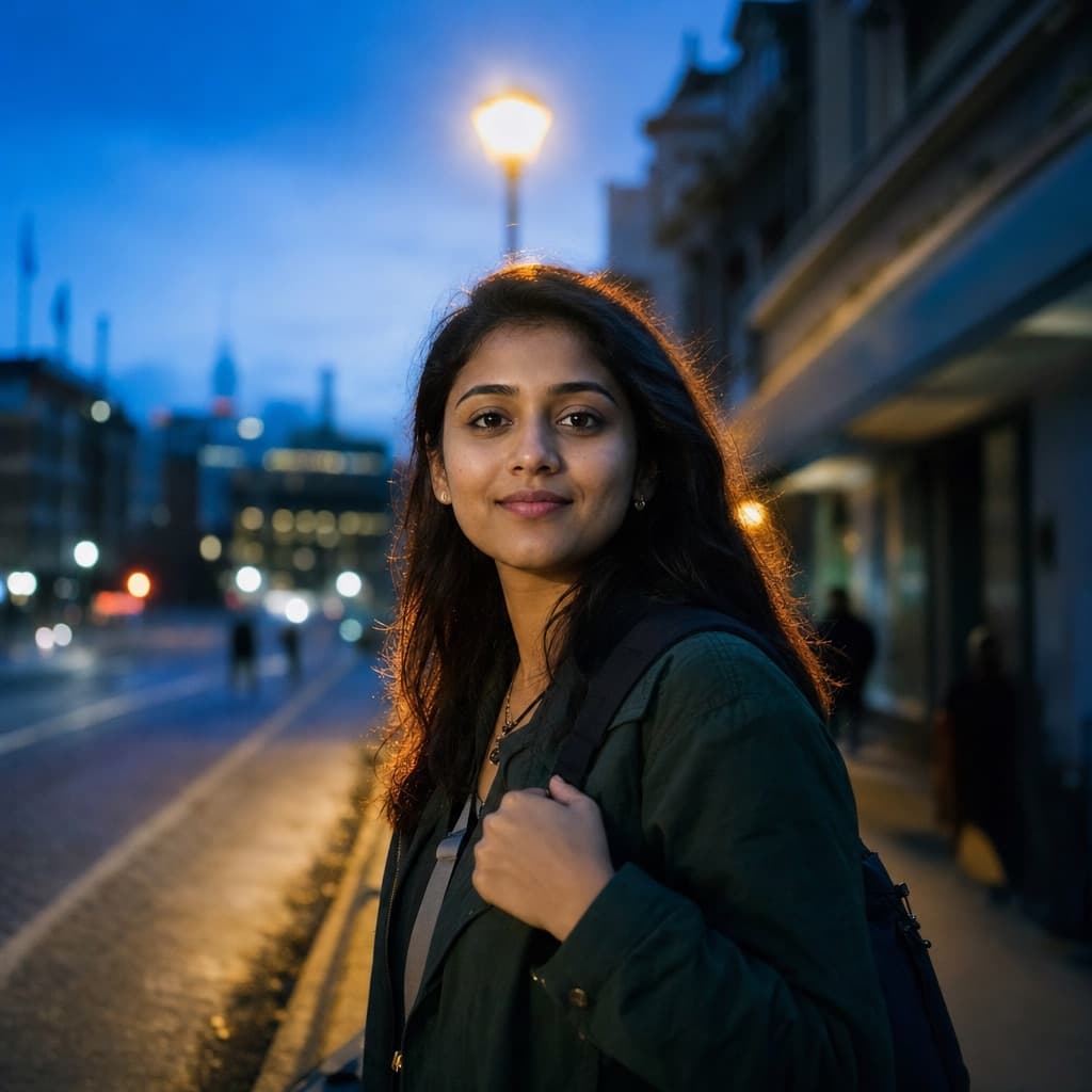A solo traveller standing confidently on a city street at dusk